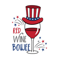 Wall Mural - Red wine boujee - wine glass in american colored hat and with fireworks. 4th of July decoartion. Happy Independence Day!