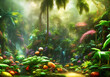Realistic neon fruits on jungle background.