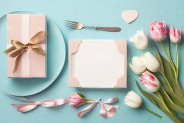 Mother's Day concept. Top view photo of heart shaped plate cutlery white and pink tulips gift boxes with bows and envelope with postal on isolated pastel blue background with copyspace, Generative AI