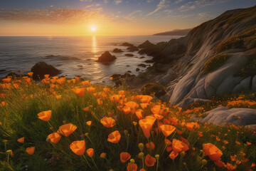 Wall Mural - A beautiful craggy coastline with California Poppies, generative AI