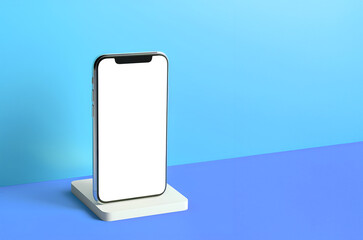 Fototapete - smartphone handphone phone with transparent screen cutout on bright background, PNG file. Mockup template for artwork design. Copy text space. 3D rendering
