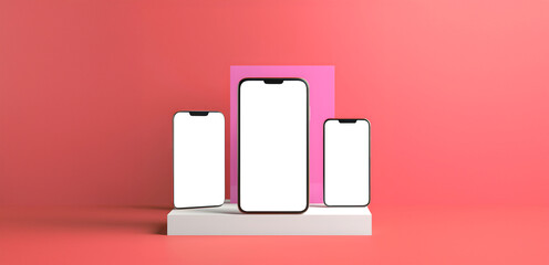 Fototapete - smartphone handphone with transparent screen cutout on bright background, PNG file. Mockup template for artwork design. Copy text space. 3D rendering

