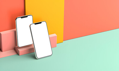 Fototapete - smartphone handphone with transparent screen cutout on bright background, PNG file. Mockup template for artwork design. Copy text space. 3D rendering
