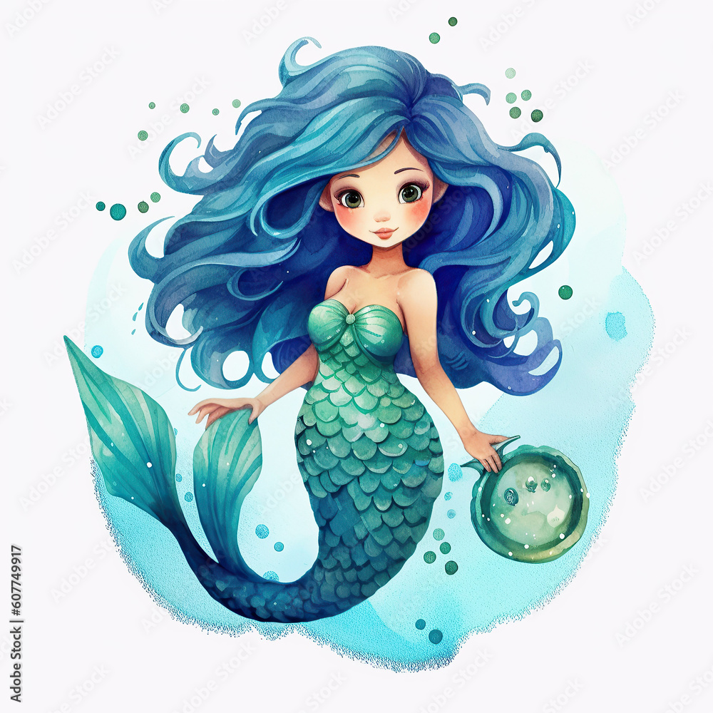 Mermaid princess watercolor clipart cute isolated on white background ...