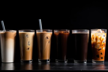 Wall Mural - line of iced coffee lattes on a black background, created with generative ai