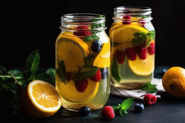 Canvas Print - refreshing fruit-infused water with lemon and mint, created with generative ai