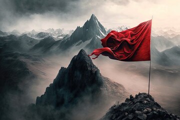 Canvas Print - red flag fluttering atop misty mountain peak, with view of the valley below, created with generative ai