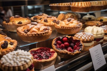 Sticker - mini cherry pies on display in bakery case, surrounded by pastries and cakes, created with generative ai