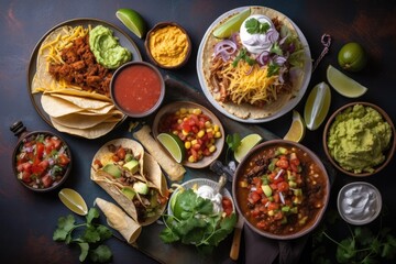 Poster - plate of assorted tacos, burritos, and nachos with spicy salsa and fresh guacamole, created with generative ai