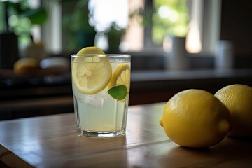 Wall Mural - glass of freshly squeezed lemonade, with a slice of lemon floating on top, created with generative ai