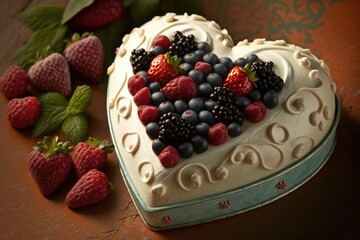 Wall Mural - heart-shaped cake with fresh berries and cream cheese frosting, created with generative ai