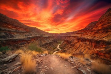 Canvas Print - majestic sunset over fiery canyon, with the sky painted in vibrant and warm hues, created with generative ai