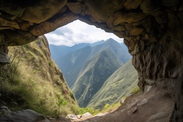 Canvas Print - mountain with large cave in background, with view of the valley below, created with generative ai