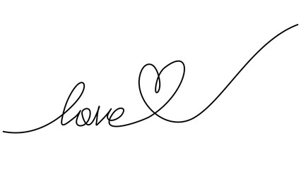 Sticker - Love text with heart. Continuous one line drawing. Vector illustration minimalist.