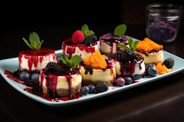 Poster - tray of individual cheesecakes, each topped with fresh fruit and drizzled with berry sauce, created with generative ai