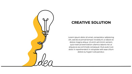 Light bulb continuous one line drawing, vector creative solution with idea text. Minimalist hand contour sketch of business creativity metaphor.