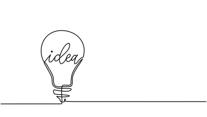 Wall Mural - Idea one line drawing, continuous hand drawn light bulb with idea text typography, vector illustration simple