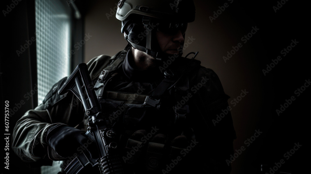 Special forces soldier, a SWAT team member in full gear. His uniform ...