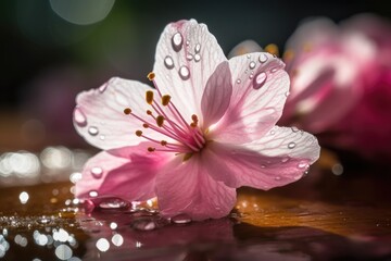 Poster - close-up of cherry blossom petals, with dew drops and sunlight shining through, created with generative ai