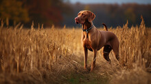 Hungarian Hound Pointer Vizsla Dog In The Field During Autumn Time, Its Russet-gold Coat Blending Seamlessly With The Fall Leaves Around It
