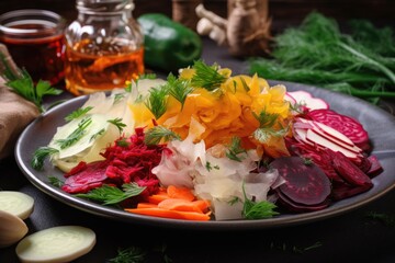 Sticker - plate of fermented vegetables with variety of herbs and spices, created with generative ai