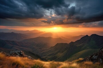 Canvas Print - majestic mountain range surrounded by sunset, with storm clouds on the horizon, created with generative ai