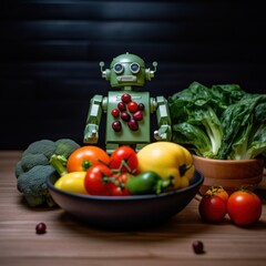 Wall Mural - A robot sitting next to a bowl of vegetables. Generative AI image.