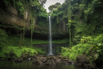 Wall Mural - majestic waterfall cascading over towering rock formation, surrounded by lush greenery, created with generative ai