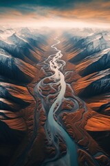 An aerial view of a river running through a valley. Generative AI image.