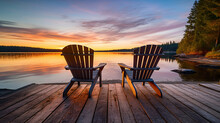 Two Wooden Chairs On A Wood Pier Overlooking A Lake At Sunset In Finland. Generative Ai
