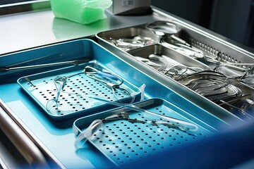 Poster - surgical tray with instruments arranged in precise order for sterilization, created with generative ai