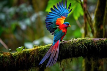 Poster - booming of colorful bird in a forest, created with generative ai