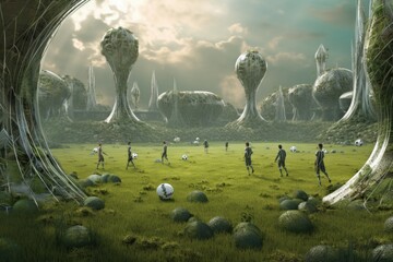 Sticker - aliens playing soccer on a futuristic, otherworldly field, created with generative ai