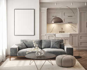 Wall Mural - Mockup poster frame on the wall of living room. Luxurious apartment background with contemporary design. Modern interior design. 3D render, 3D illustration