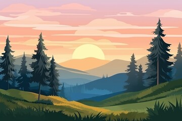 Wall Mural - hills with coniferous trees in a mountainous area at sunrise. generative ai,