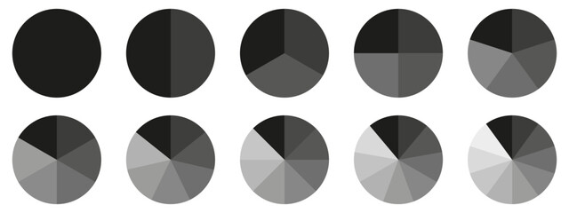 Fototapete - Circles divided diagram 3, 10, 7, graph icon pie shape section chart. Segment circle round vector 6, 9 devide infographic.