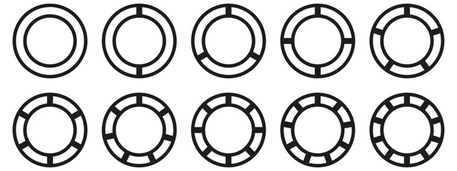 Fototapete - Circles divided diagram 3, 10, 7, graph icon pie shape section chart. Segment circle round vector 6, 9 devide infographic.