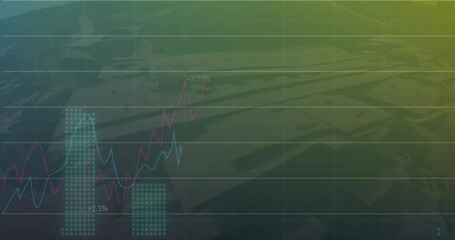 Poster - Animation of multiple graphs with changing numbers over aerial view of modern buildings