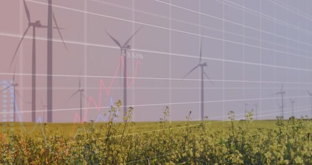 Poster - Animation of statistical data processing over spinning windmill on grassland against grey sky