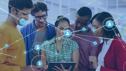 Poster - Animation of network of digital icons against diverse colleagues discussing at office