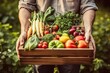 © robertuzhbt89 - Organic vegetables and healthy lifestyle concept. Male organic farmer standing in a vegetable field holding a wooden box of beautiful freshly picked vegetables,  generative ai,