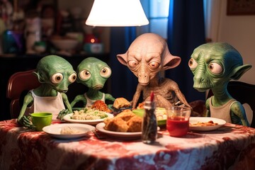 alien family sitting around dinner table, sharing meal together, created with generative ai