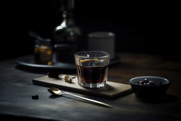 Poster - coffee break ritual, with shot of espresso and miniature spoon for stirring, created with generative ai