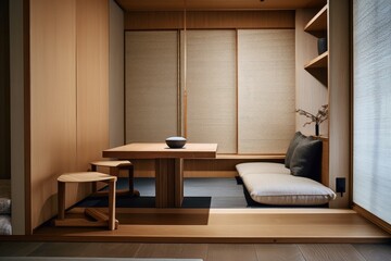 Poster - japanese interior with minimalist wooden furniture and textured fabric, created with generative ai