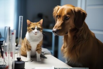 Poster - feline and canine scientists in laboratory conducting experiment, testing hypothesis, created with generative ai