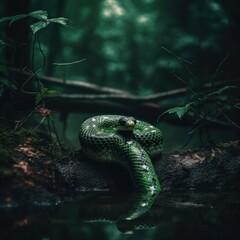 Wall Mural - A green snake sitting on top of a tree branch. Generative AI image.