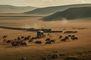 Canvas Print - nomadic tribe traversing vast, open landscape with pack animals and carts, created with generative ai