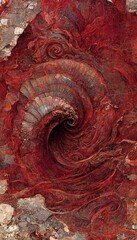 Poster - Fossilized ammonite sea shell spirals embedded into dark scarlet red slate rock. Prehistoric layered and ridged stone texture with detailed surface patterns - generative ai