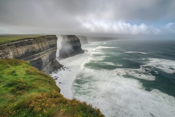 Canvas Print - grand coastal cliff with roaring sea below, and misty clouds in the sky, created with generative ai