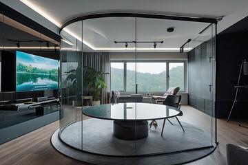 Canvas Print - high-tech video conference in minimalist living room with glass wall and sleek furnishings, created with generative ai